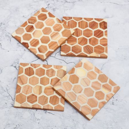 White and Brown Honeycomb Pattern Wooden Coasters - Pack of 4